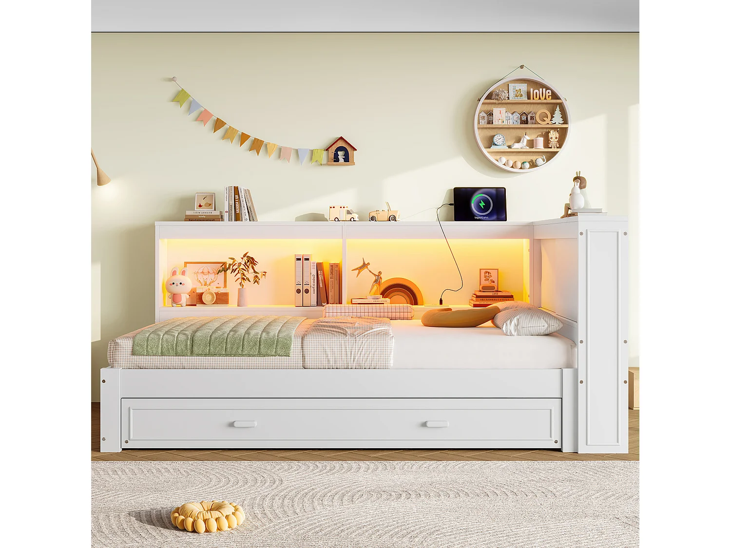 Lit banquette 90x200 cm Lit enfant avec lit gigogne, éclairage LED et prise USB - blanc (sans matelas)