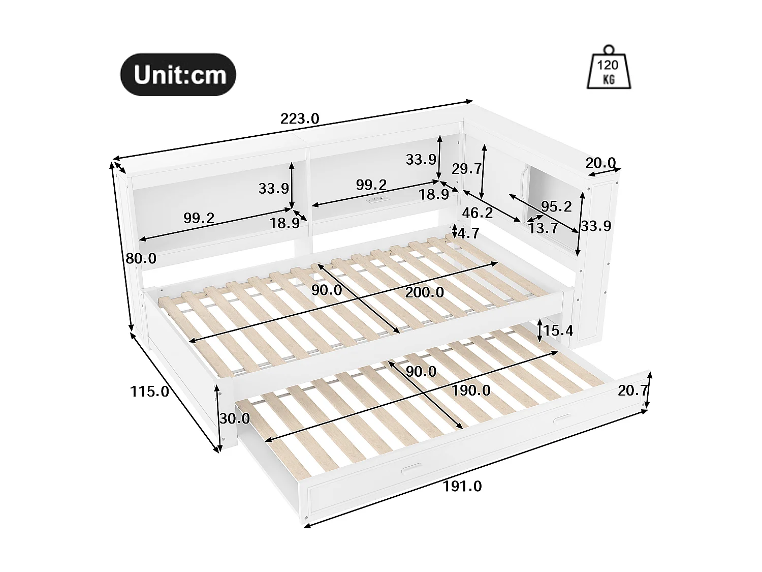 Lit banquette 90x200 cm Lit enfant avec lit gigogne, éclairage LED et prise USB - blanc (sans matelas)