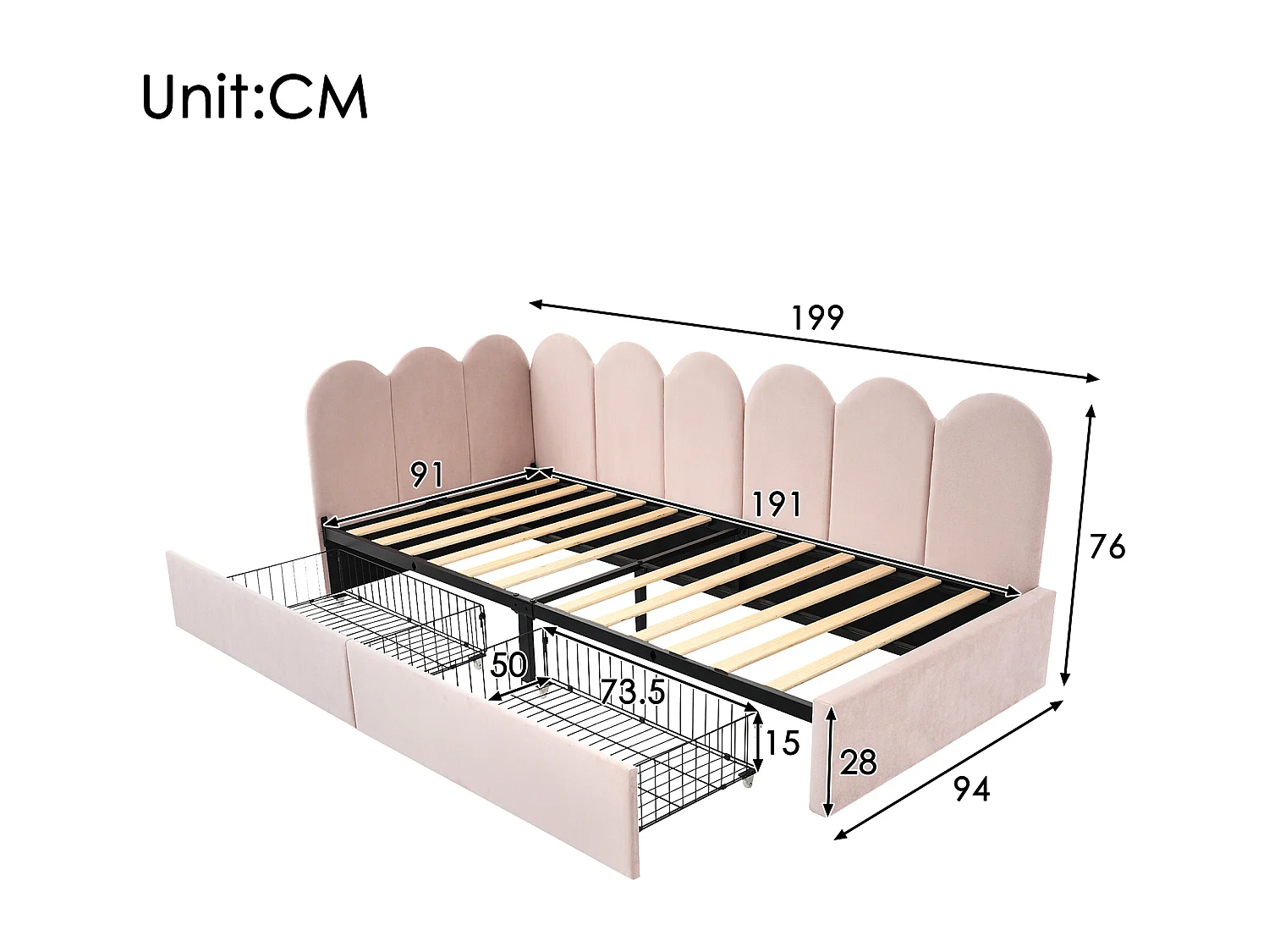 Lit banquette 90x190 cm Lit enfant avec 2 tiroirs, sommier à lattes - en velours - rose - sans matelas