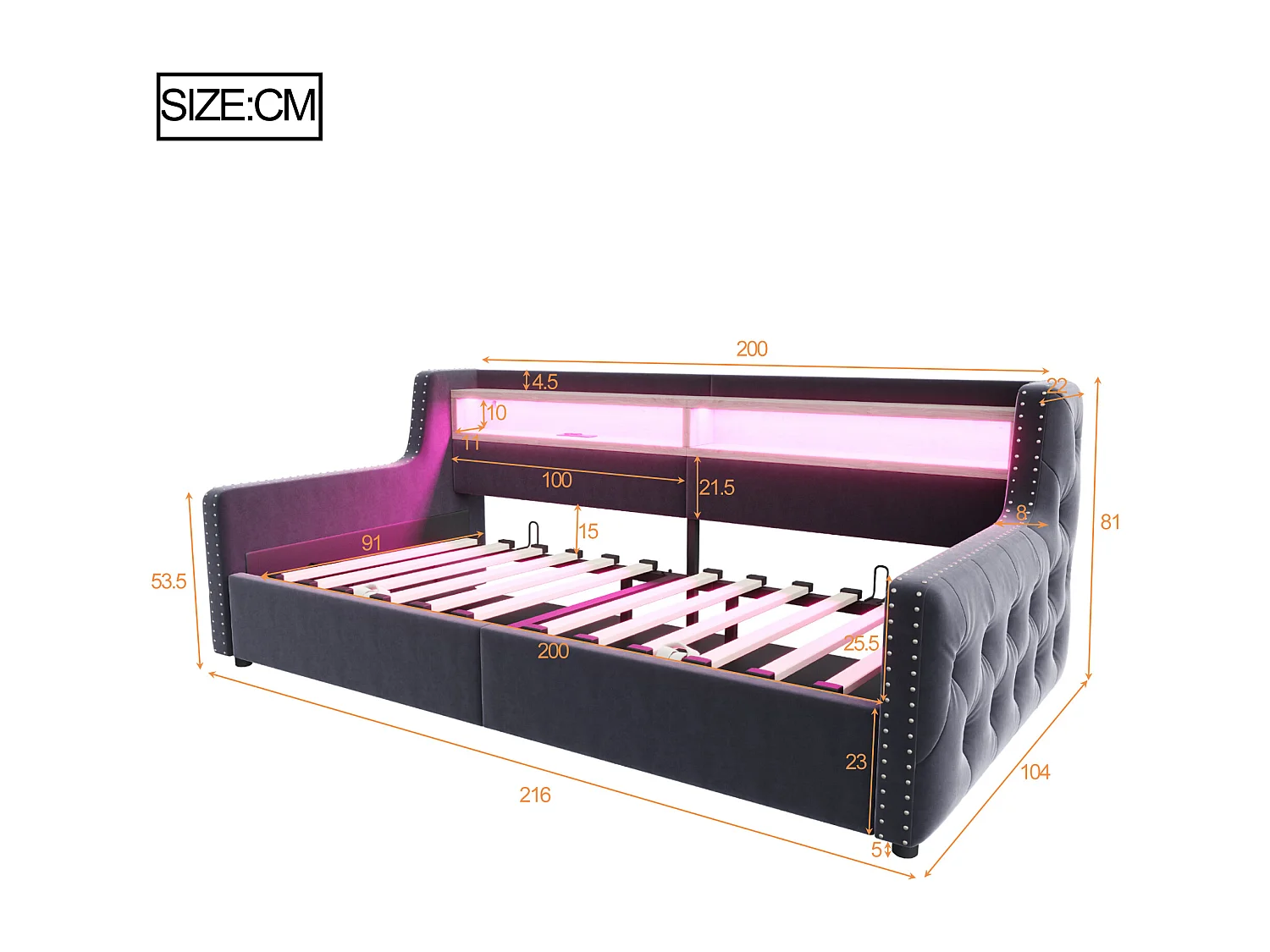 Lit banquette 90x200 cm, lit adulte avec rangement, éclairage LED et ports USB - velours gris (sans matelas)