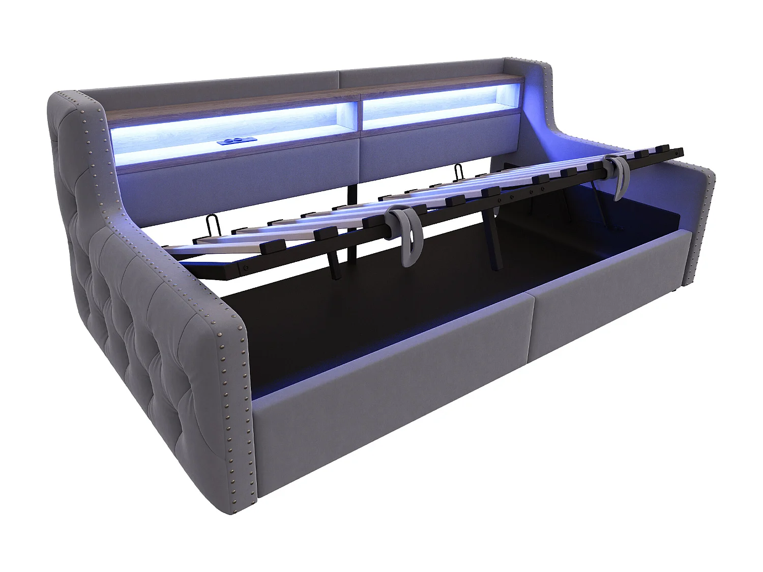 Lit banquette 90x200 cm, lit adulte avec rangement, éclairage LED et ports USB - velours gris (sans matelas)