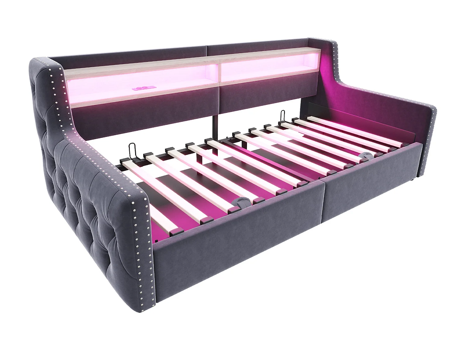 Lit banquette 90x200 cm, lit adulte avec rangement, éclairage LED et ports USB - velours gris (sans matelas)