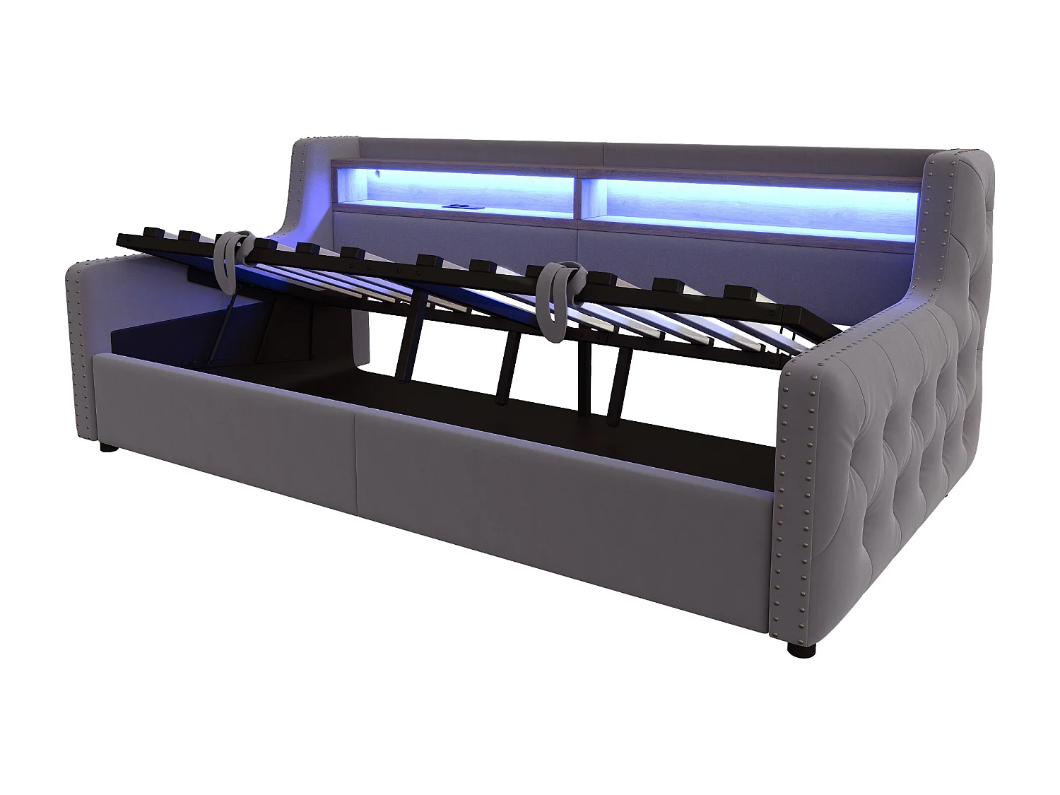 Lit banquette 90x200 cm, lit adulte avec rangement, éclairage LED et ports USB - velours gris (sans matelas)