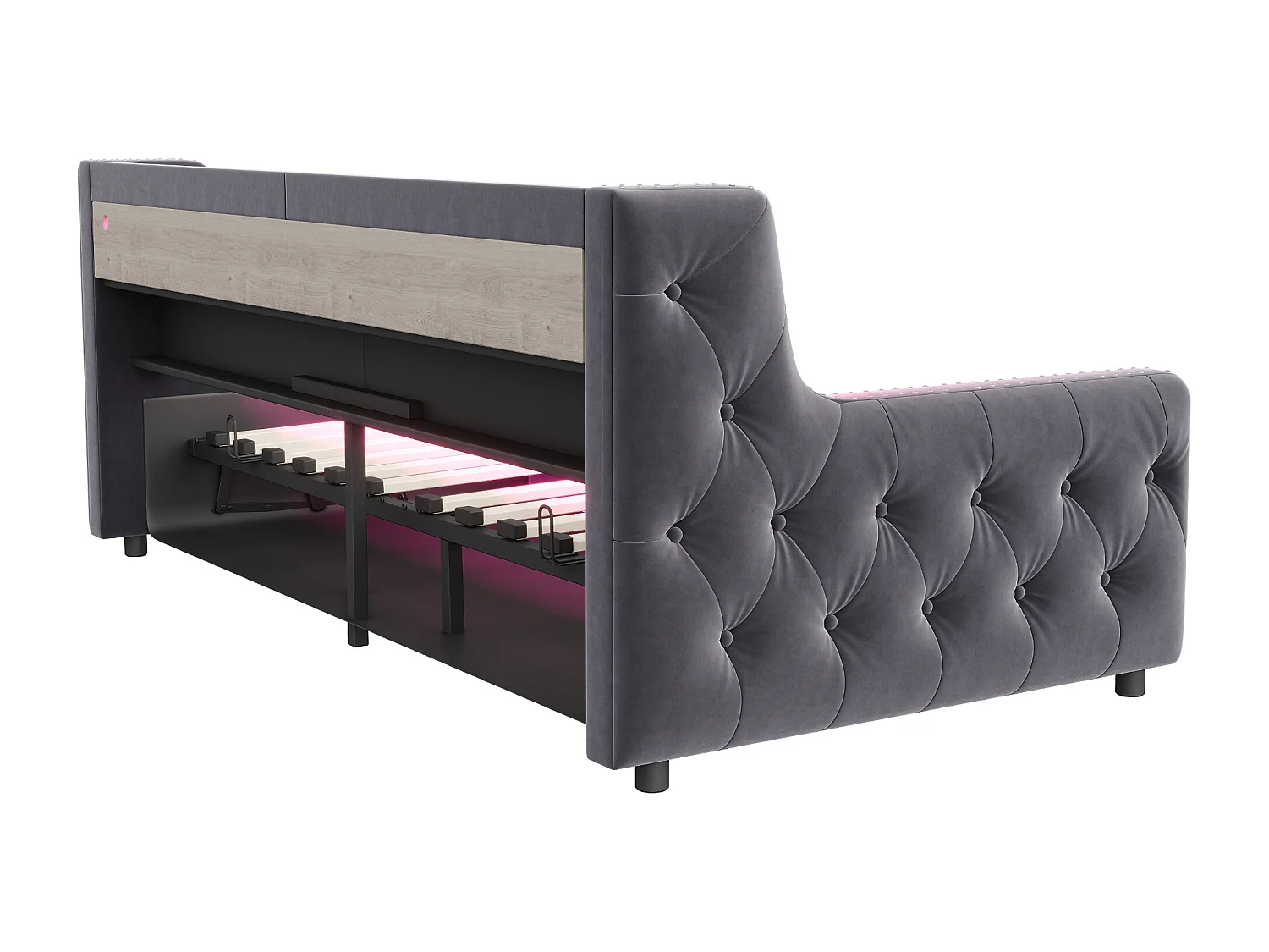 Lit banquette 90x200 cm, lit adulte avec rangement, éclairage LED et ports USB - velours gris (sans matelas)