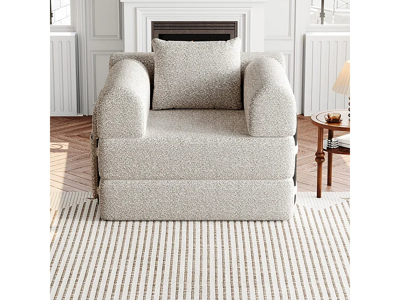 Slaapbank met gewatteerde armleuningen en zijzakken, metalen frame - Khaki chenille