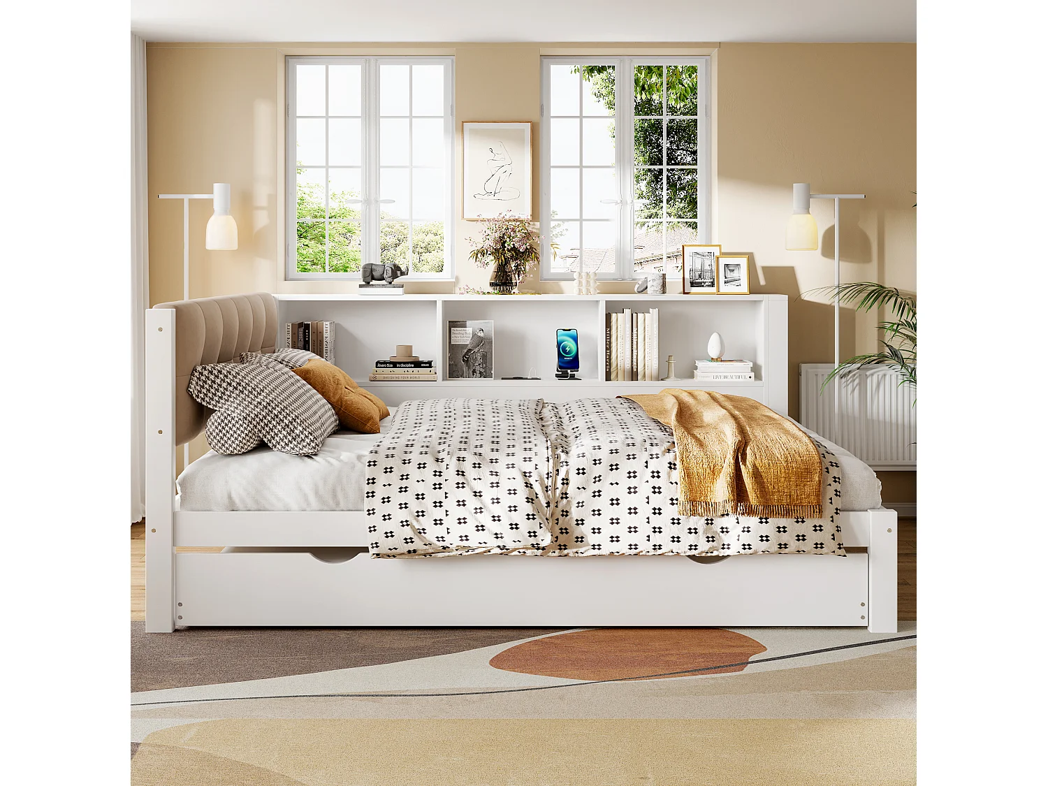 Lit banquette 140x200 cm Lit enfant avec lit gigogne, éclairage LED et prise USB - blanc (sans matelas)