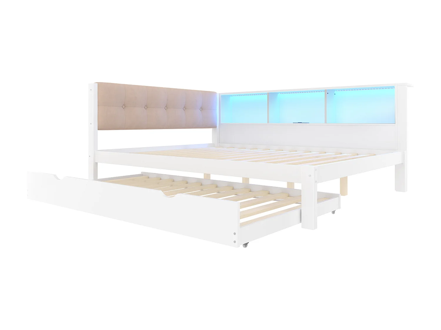 Tagesbett 140 x 200 cm, Kinderbett mit Ausziehbett, LED-Beleuchtung und USB-Anschluss – weiß (ohne Matratze)