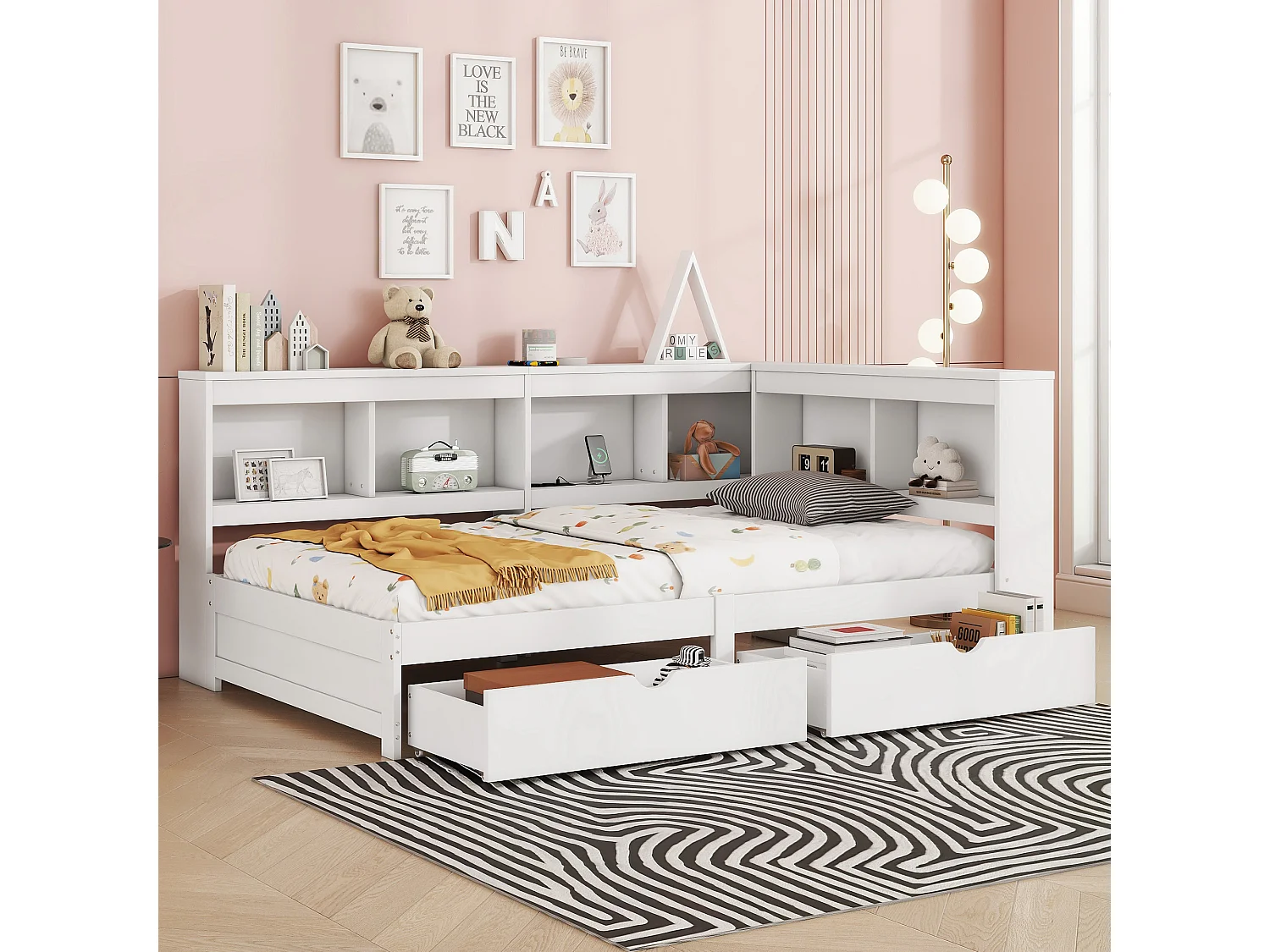 Daybed 90x200 cm Kinderbed met 2 lades en opbergplank, 2 USB-poorten - Wit (zonder matras)