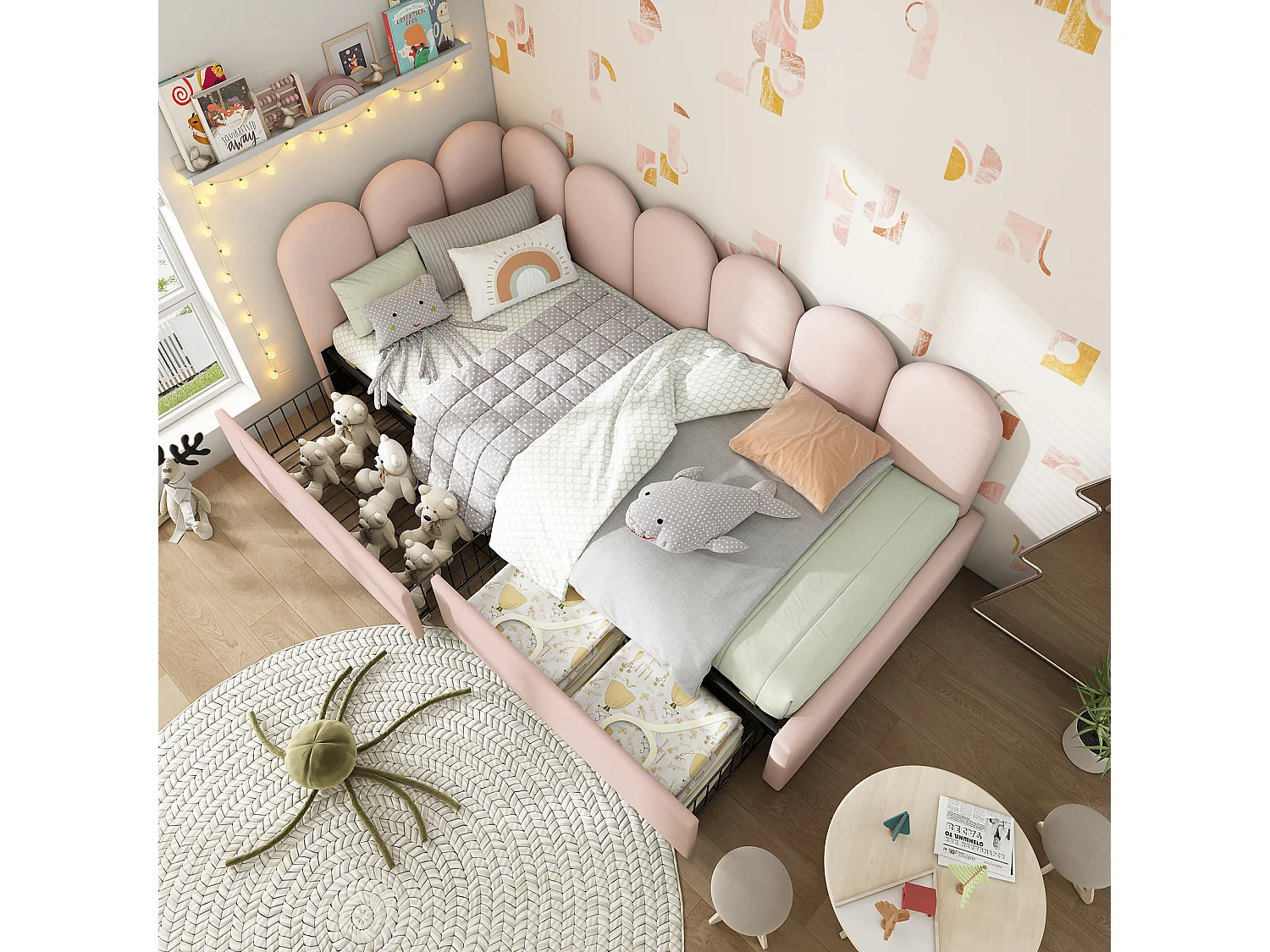 Lit banquette 90x200 cm Lit enfant avec 2 tiroirs - en velours - rose - sans matelas