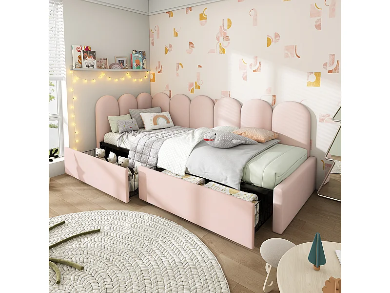 Lit banquette 90x200 cm Lit enfant avec 2 tiroirs - en velours - rose - sans matelas