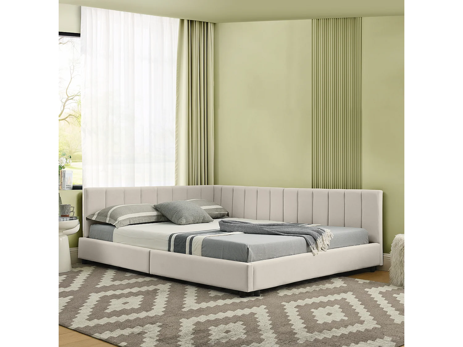Slaapbank 140x200 cm Volwassen bed met rugleuning en houten lattenbodem - beige fluweel (zonder matras)