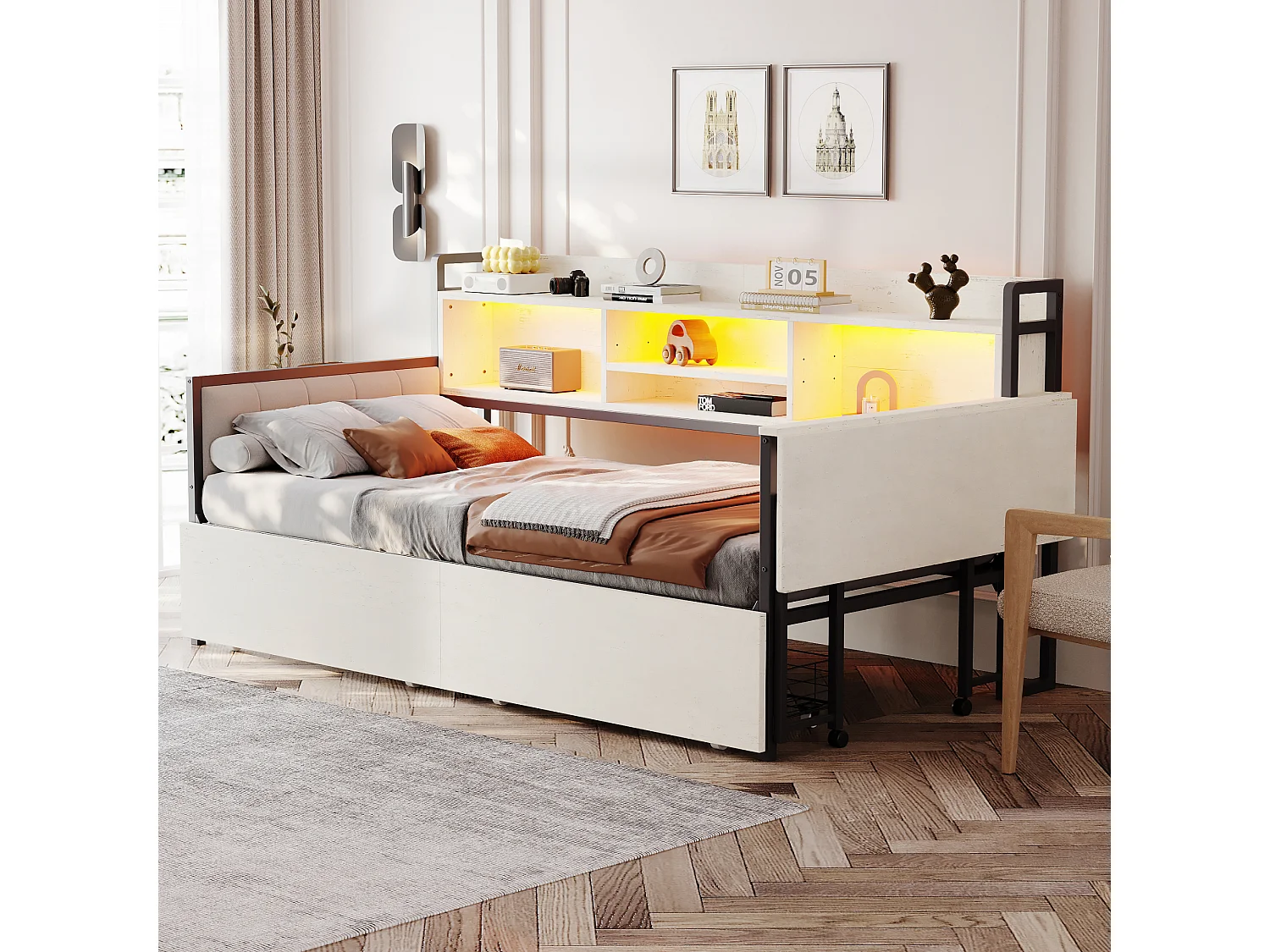 Tagesbett 90 x 200 cm Erwachsenenbett mit LED- und USB-Steckdosen, 2 Schubladen und Schreibtisch – weiß (ohne Matratze)