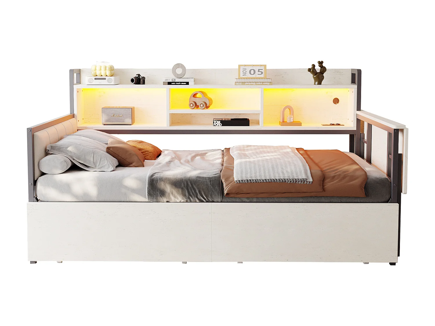 Tagesbett 90 x 200 cm Erwachsenenbett mit LED- und USB-Steckdosen, 2 Schubladen und Schreibtisch – weiß (ohne Matratze)