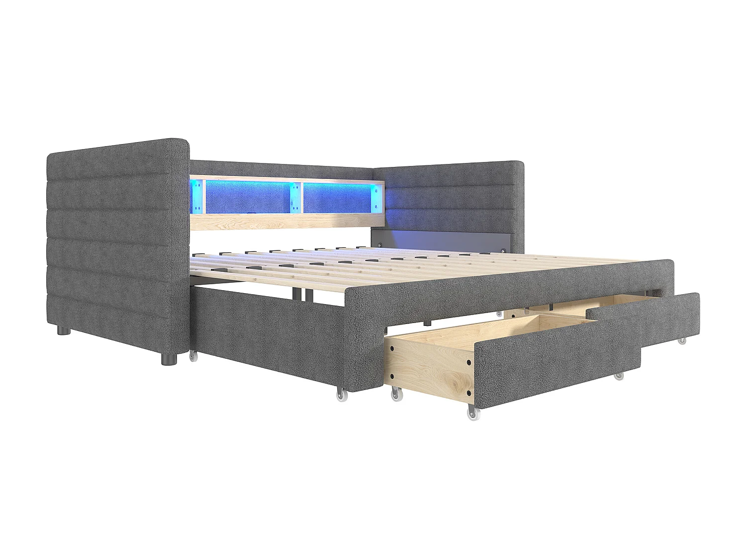Slaapbank 90x190cm, uitschuifbaar bed met ledverlichting en USB-aansluiting, 2 lades - grijs fluweel (zonder matras)