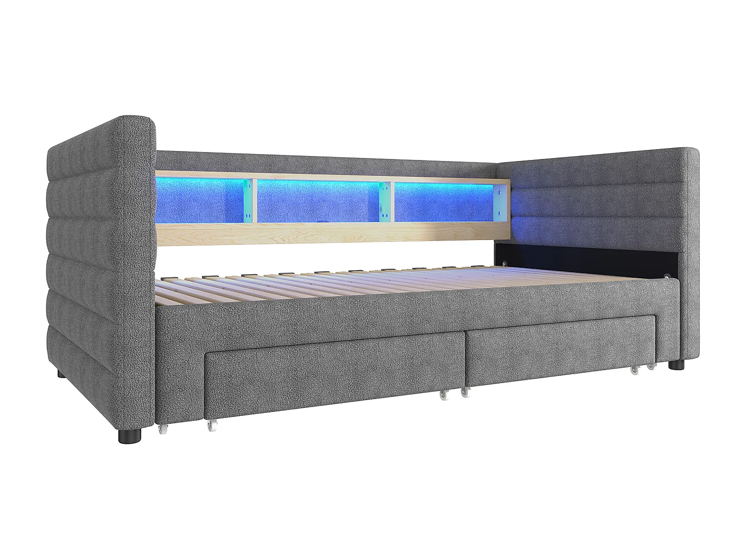 Slaapbank 90x190cm, uitschuifbaar bed met ledverlichting en USB-aansluiting, 2 lades - grijs fluweel (zonder matras)