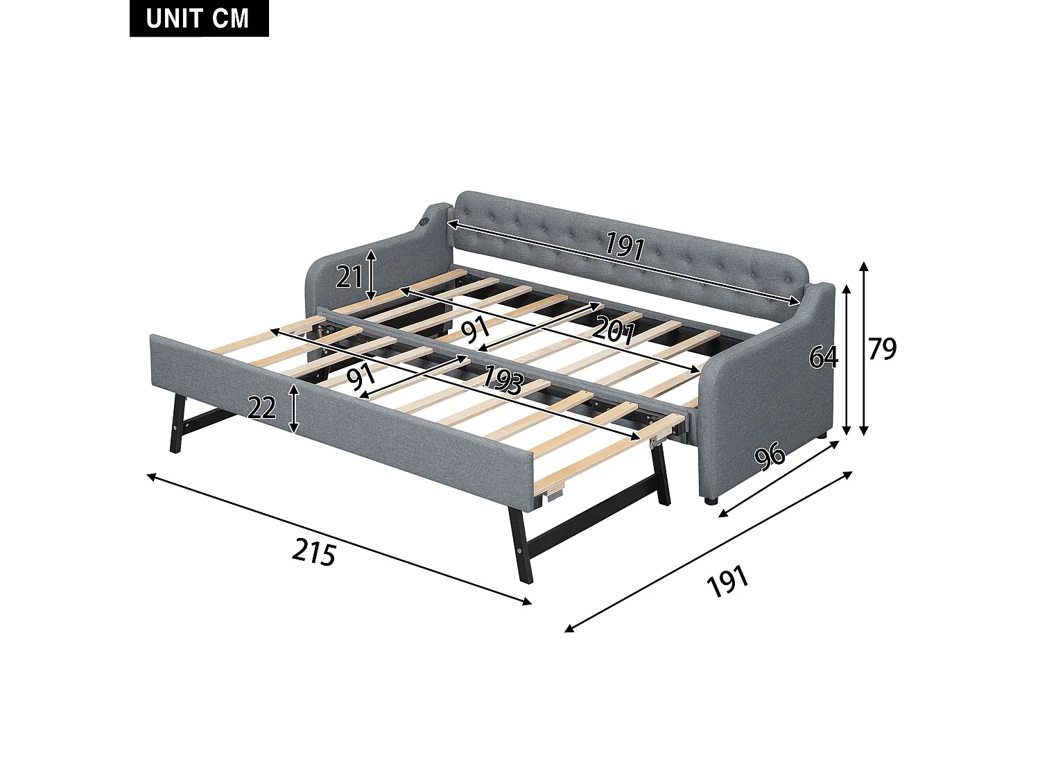 Lit banquette 90x200 cm lit enfant avec lit gigogne - port USB - gris - sans matelas