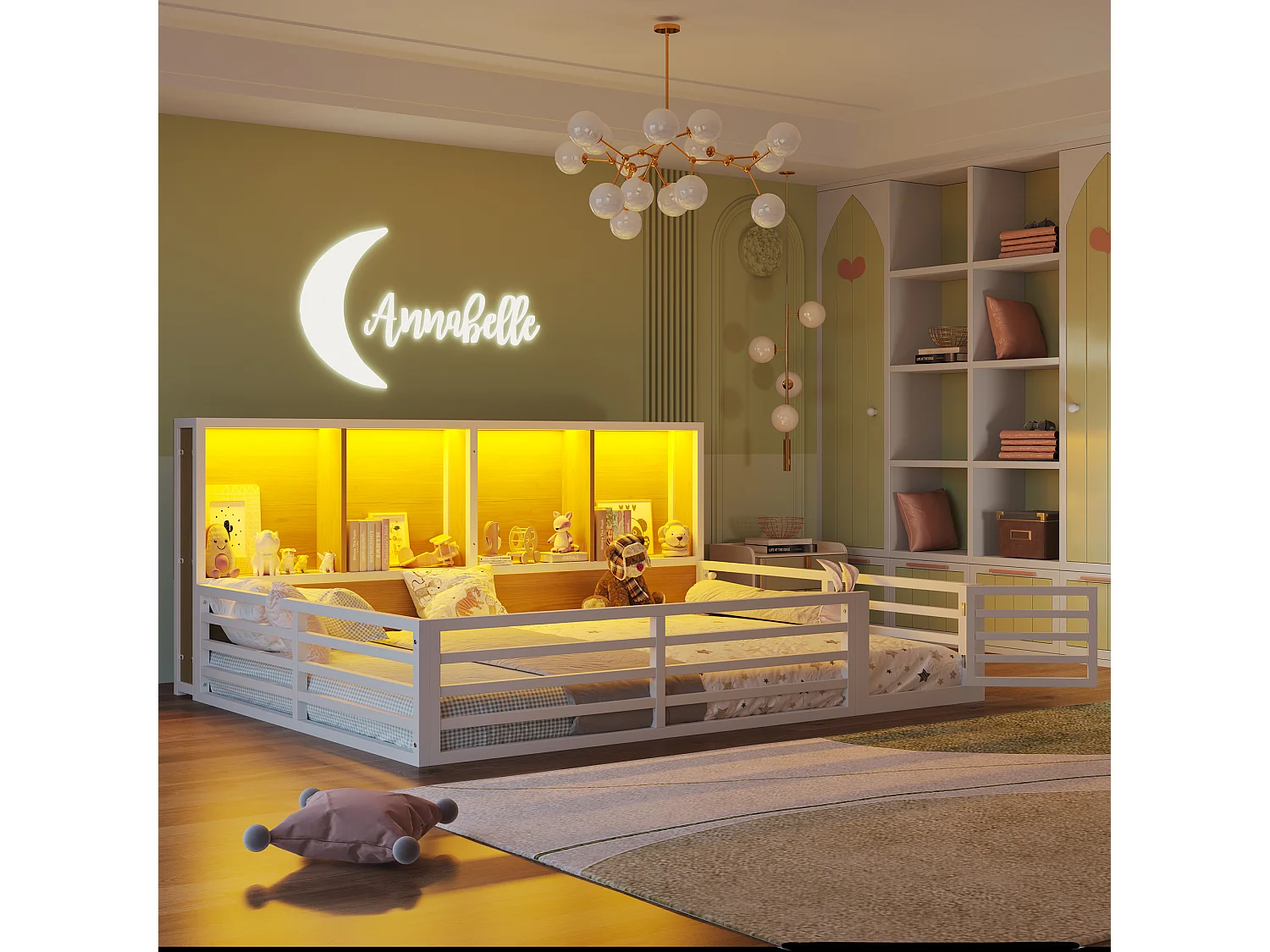 Schlafsofa 140 x 200 cm, Kinderbett mit Staufächern und Rausfallschutz, Metallgestell – weiß (ohne Matratze)