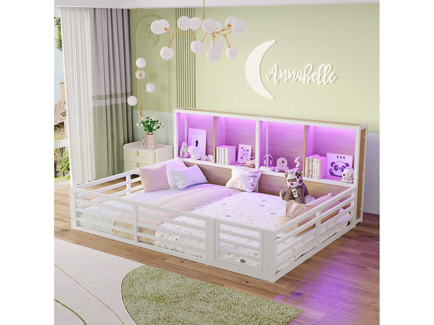 Schlafsofa 140 x 200 cm, Kinderbett mit Staufächern und Rausfallschutz, Metallgestell – weiß (ohne Matratze)