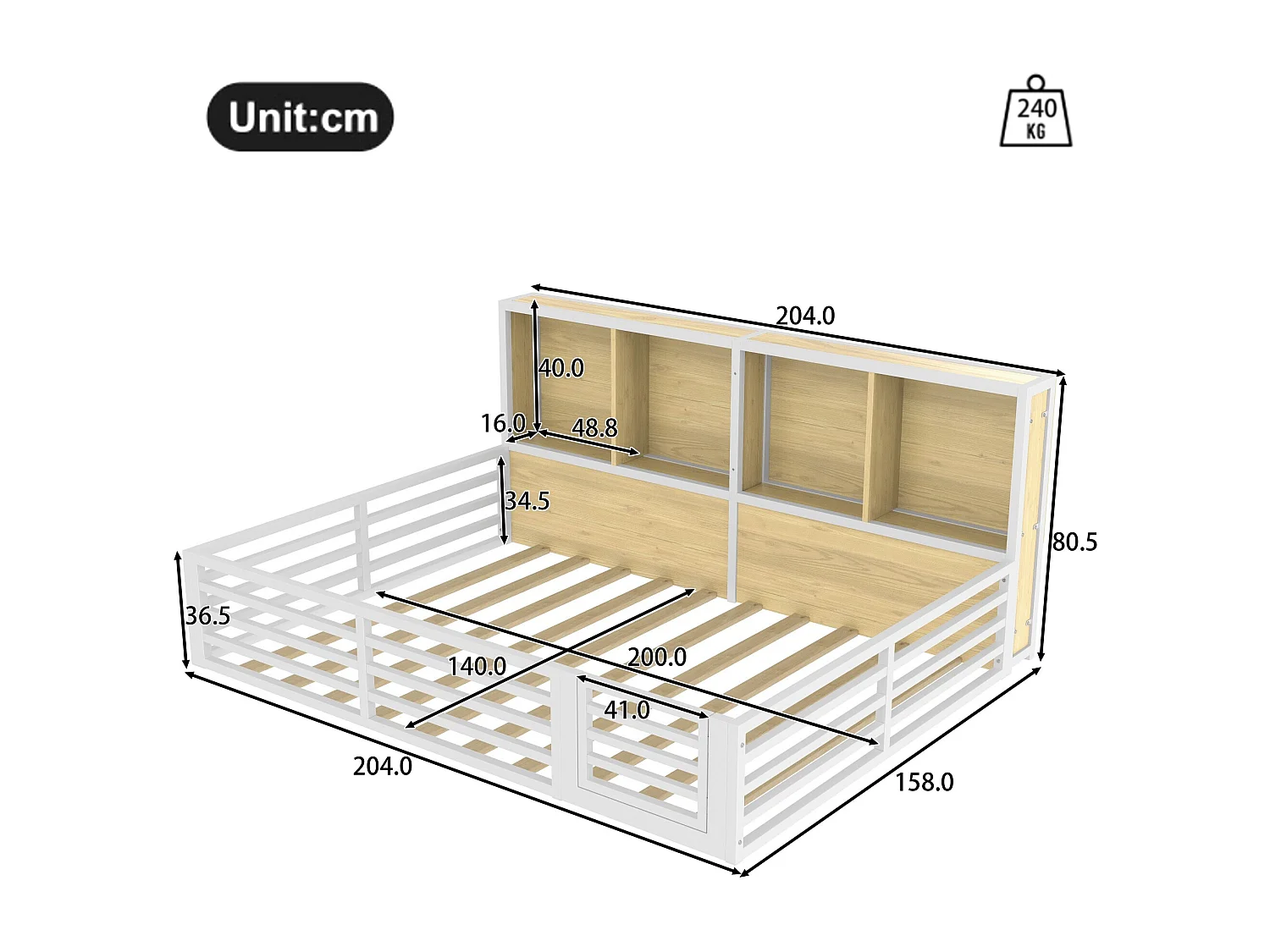 Schlafsofa 140 x 200 cm, Kinderbett mit Staufächern und Rausfallschutz, Metallgestell – weiß (ohne Matratze)