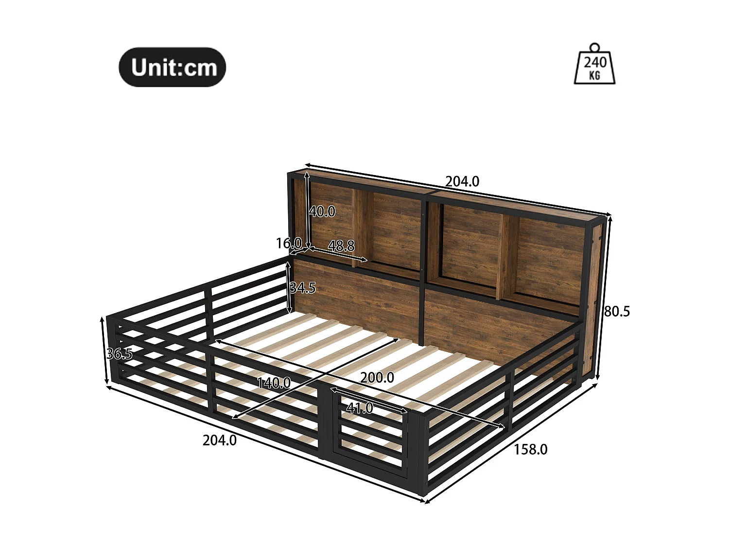 Lit banquette 140x200 cm Lit enfant avec rangements et barrières de sécurité, structure métal - noir (sans matelas)