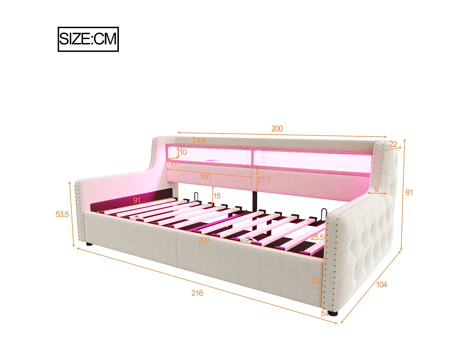 Daybed 90x200 cm, volwassen bed met opbergruimte, ledverlichting en USB-aansluitingen - beige fluweel (zonder matras)