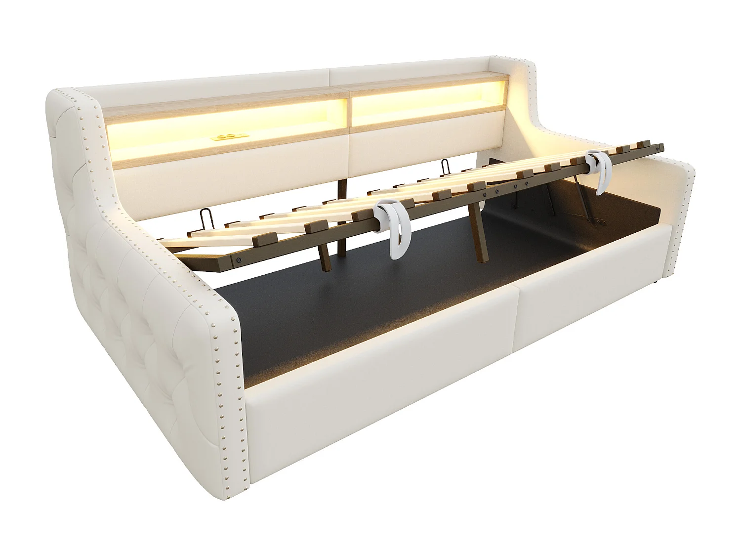 Daybed 90x200 cm, volwassen bed met opbergruimte, ledverlichting en USB-aansluitingen - beige fluweel (zonder matras)