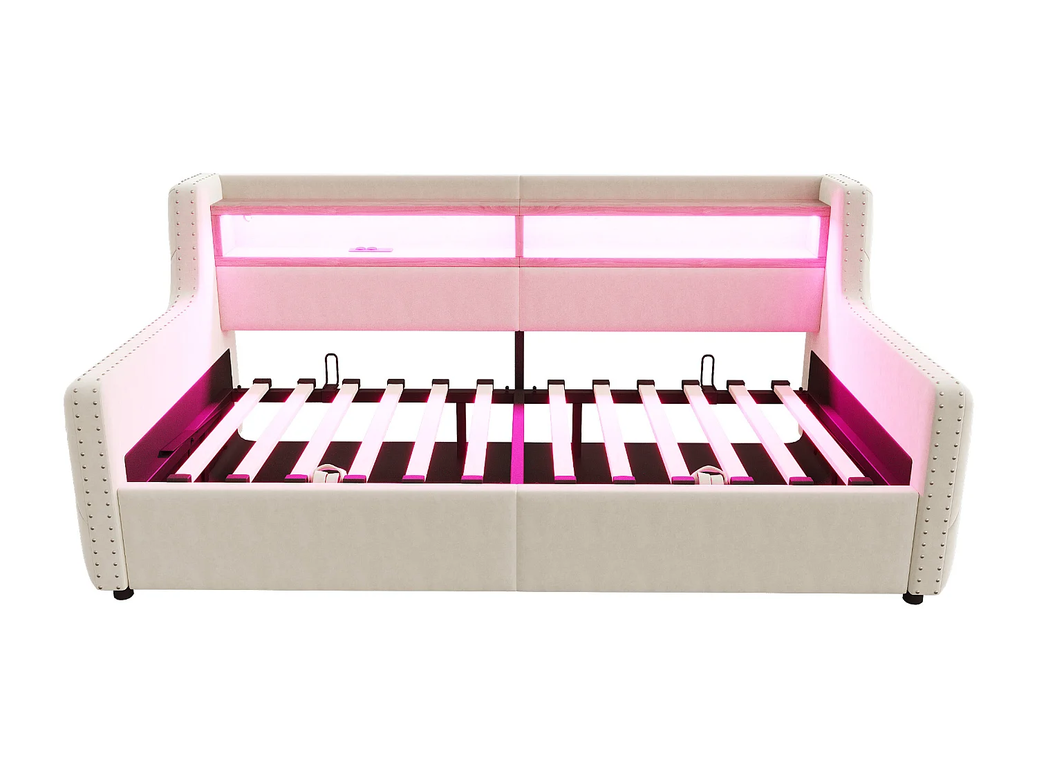 Daybed 90x200 cm, volwassen bed met opbergruimte, ledverlichting en USB-aansluitingen - beige fluweel (zonder matras)