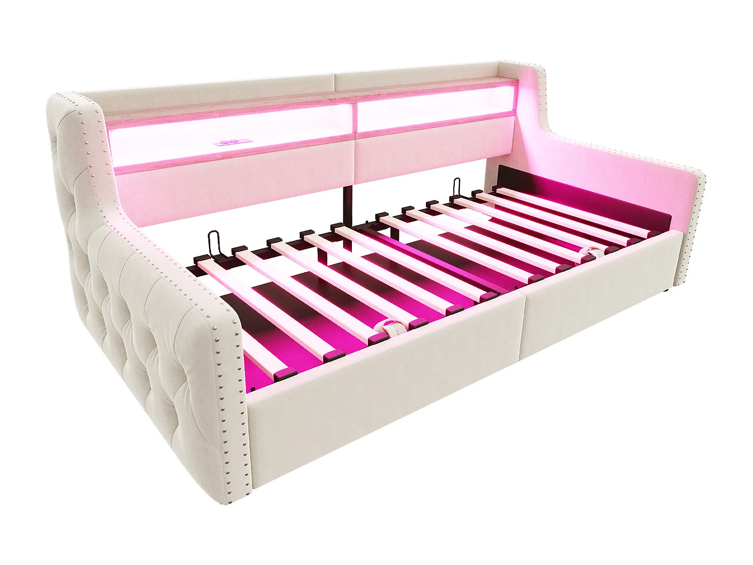 Daybed 90x200 cm, volwassen bed met opbergruimte, ledverlichting en USB-aansluitingen - beige fluweel (zonder matras)