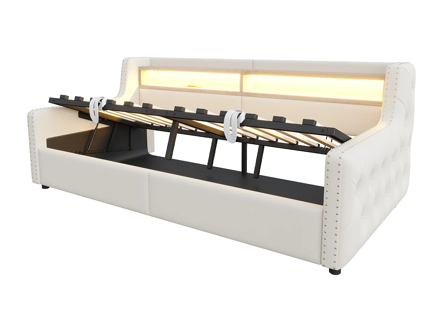 Daybed 90x200 cm, volwassen bed met opbergruimte, ledverlichting en USB-aansluitingen - beige fluweel (zonder matras)