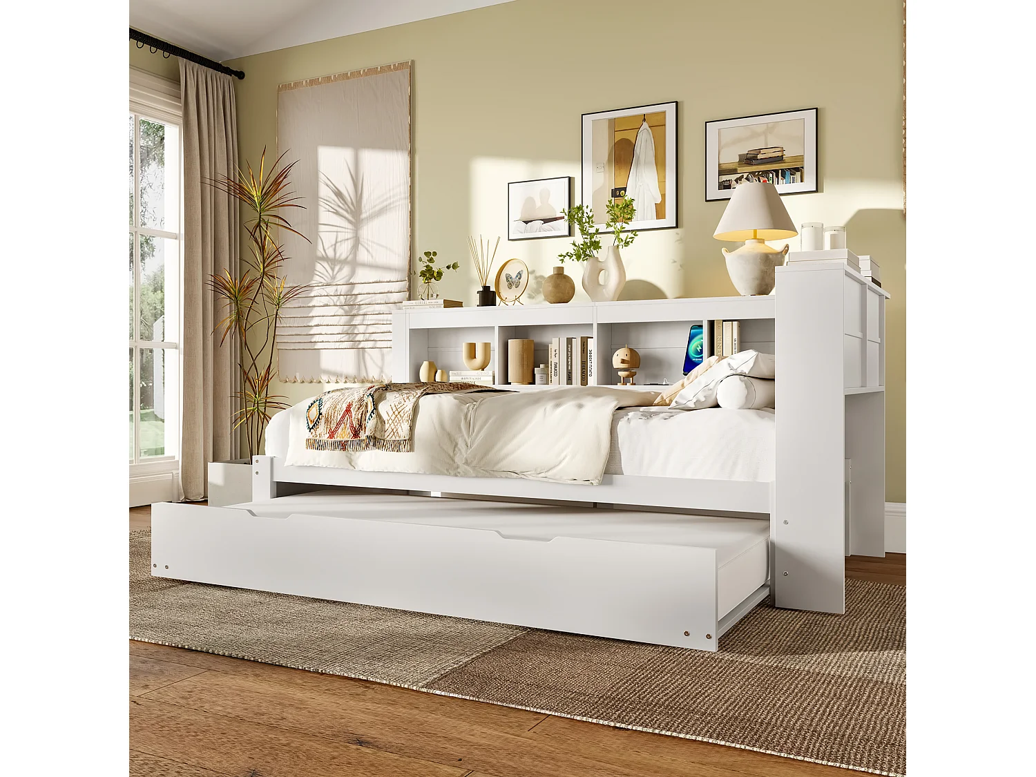 Lit banquette 90x200 cm Lit enfant avec lit gigogne et sommier à lattes, 2 ports USB - Blanc (sans matelas)