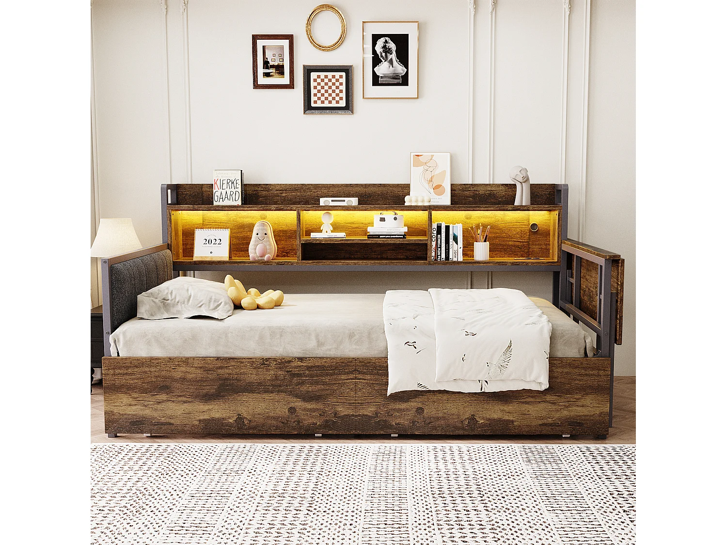 Sofá cama de 90 x 200 cm Cama adultos con LED y puerto de carga, 2 cajones y escritorio - natural (sin colchón)