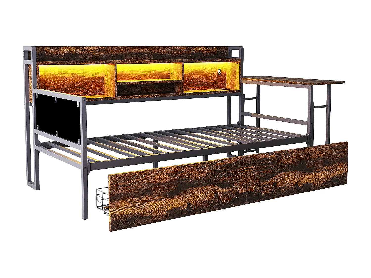 Slaapbank 90x200 cm Volwassen bed met LED-verlichting en oplaadpoort, 2 lades en bureau - naturel (zonder matras)