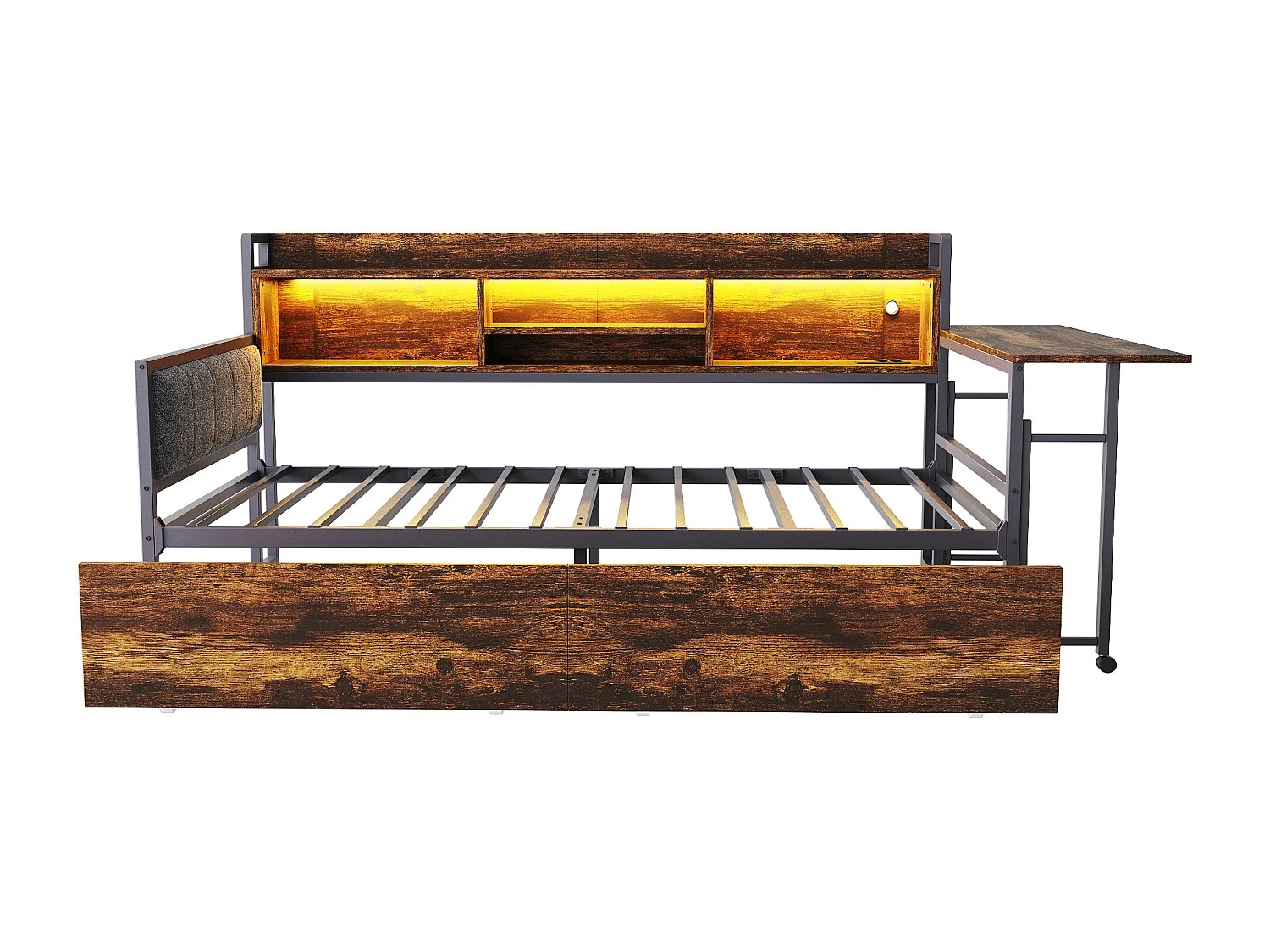 Slaapbank 90x200 cm Volwassen bed met LED-verlichting en oplaadpoort, 2 lades en bureau - naturel (zonder matras)