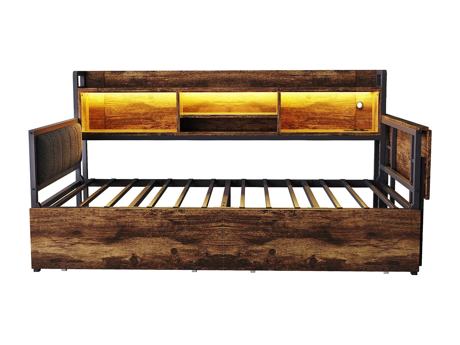 Slaapbank 90x200 cm Volwassen bed met LED-verlichting en oplaadpoort, 2 lades en bureau - naturel (zonder matras)