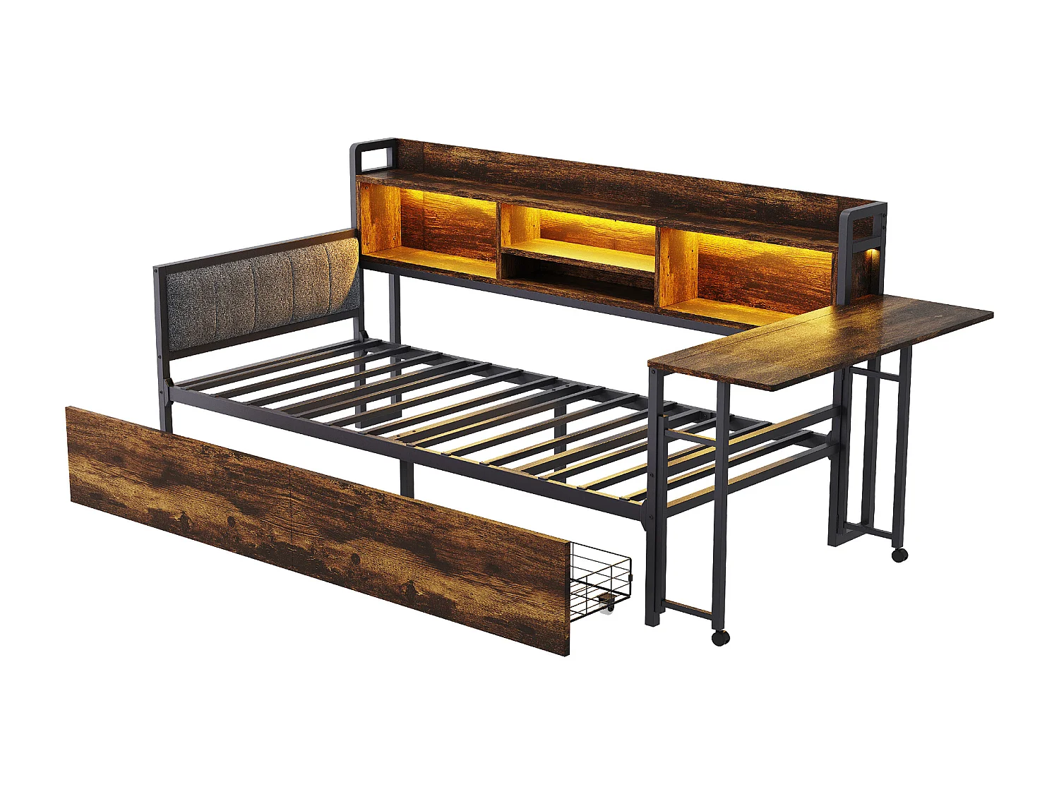 Slaapbank 90x200 cm Volwassen bed met LED-verlichting en oplaadpoort, 2 lades en bureau - naturel (zonder matras)