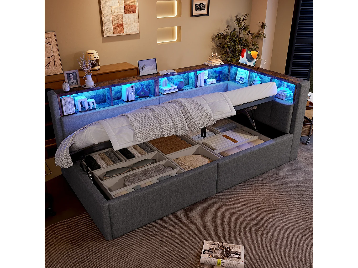 Lit banquette 90x200 cm, lit coffre avec lumière LED et USB, étagères de rangement - lin gris (sans matelas)