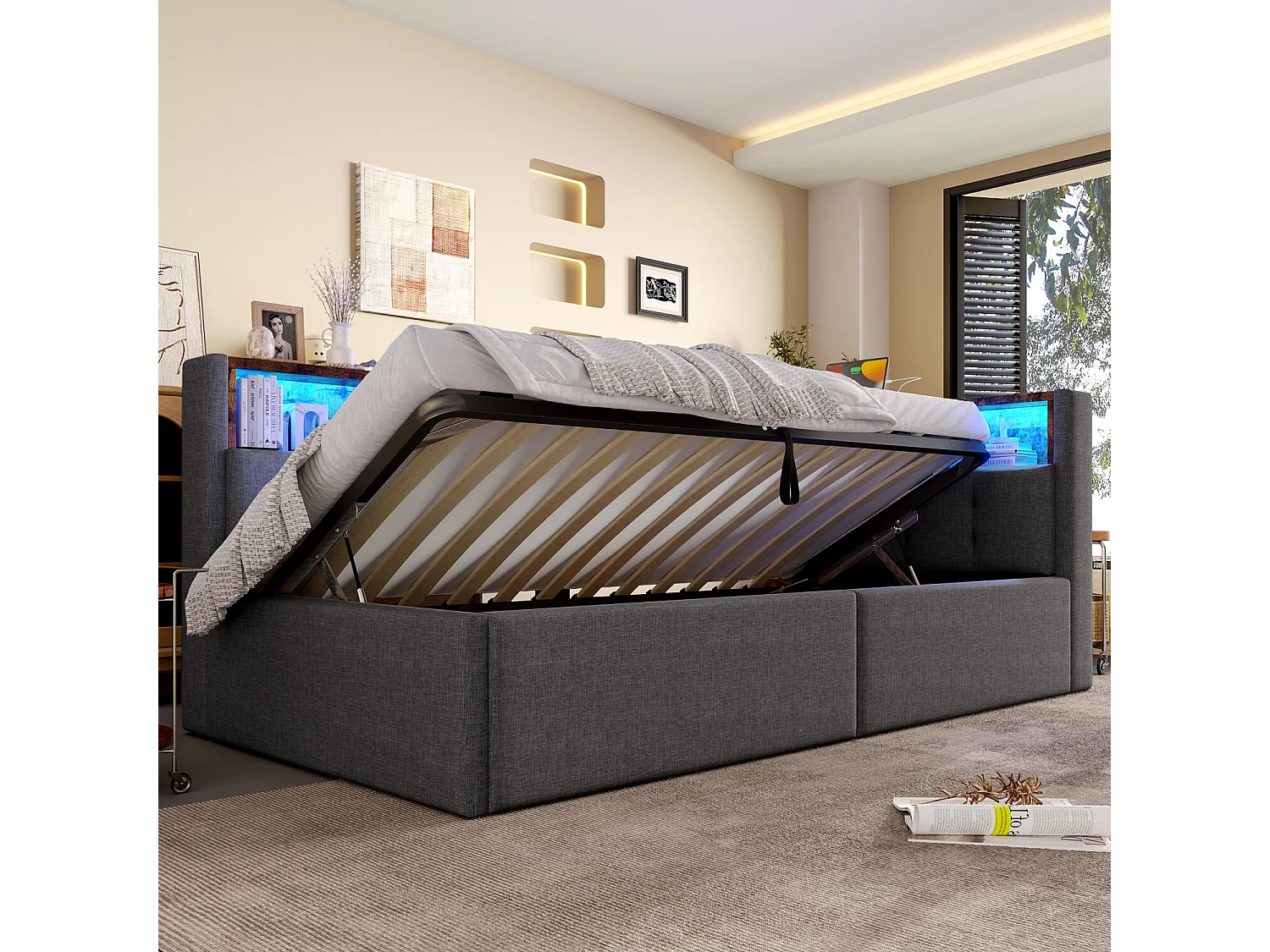 Lit banquette 90x200 cm, lit coffre avec lumière LED et USB, étagères de rangement - lin gris (sans matelas)