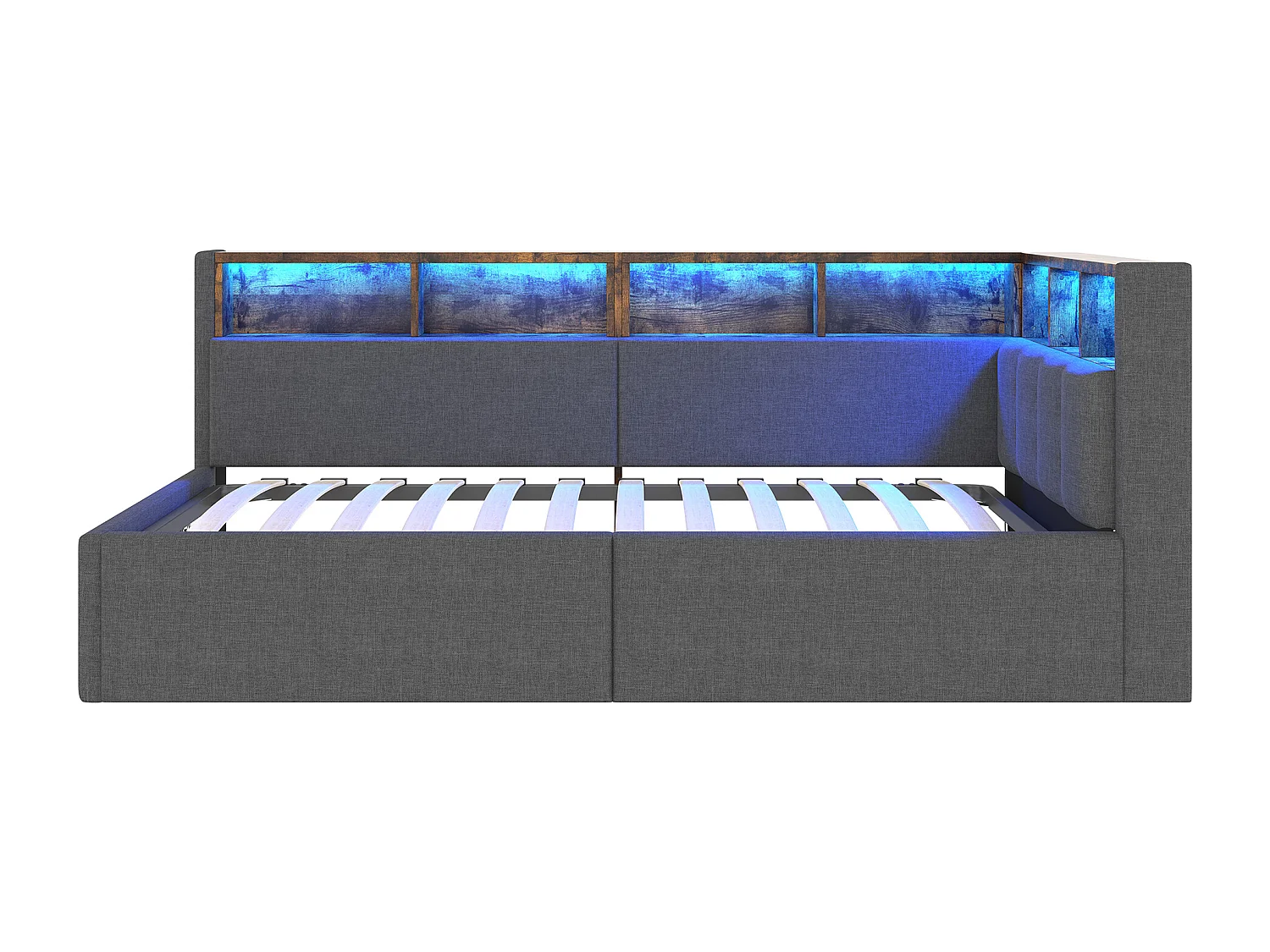 Lit banquette 90x200 cm, lit coffre avec lumière LED et USB, étagères de rangement - lin gris (sans matelas)