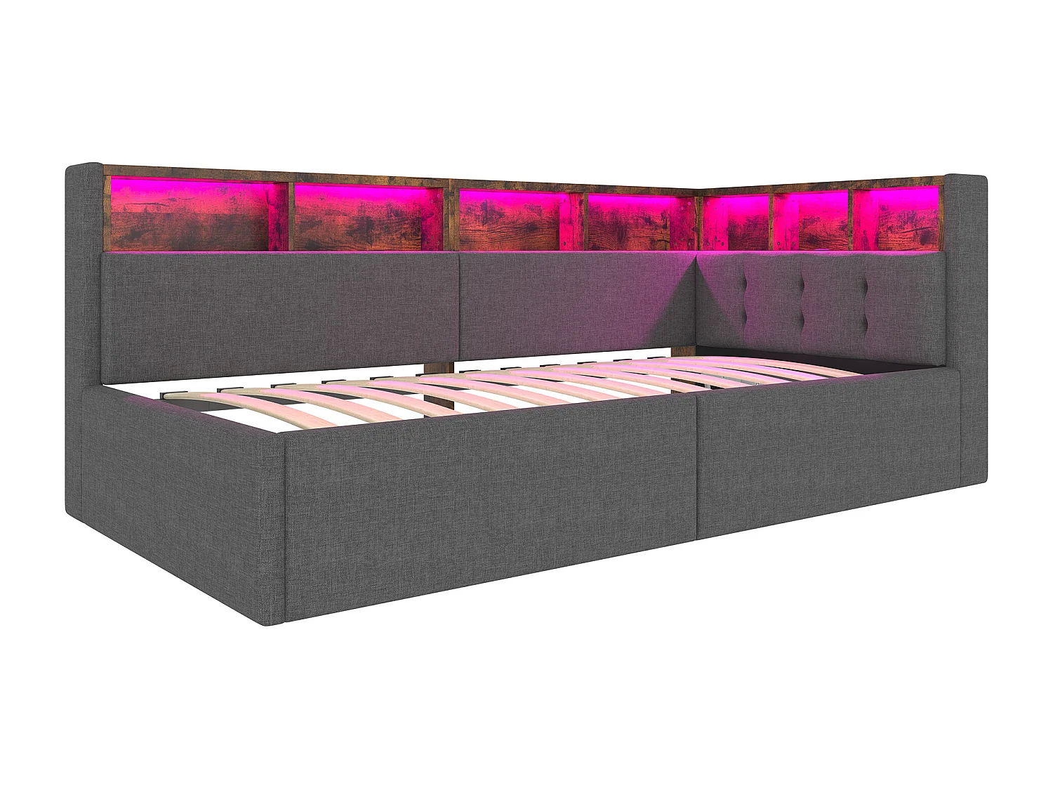 Lit banquette 90x200 cm, lit coffre avec lumière LED et USB, étagères de rangement - lin gris (sans matelas)
