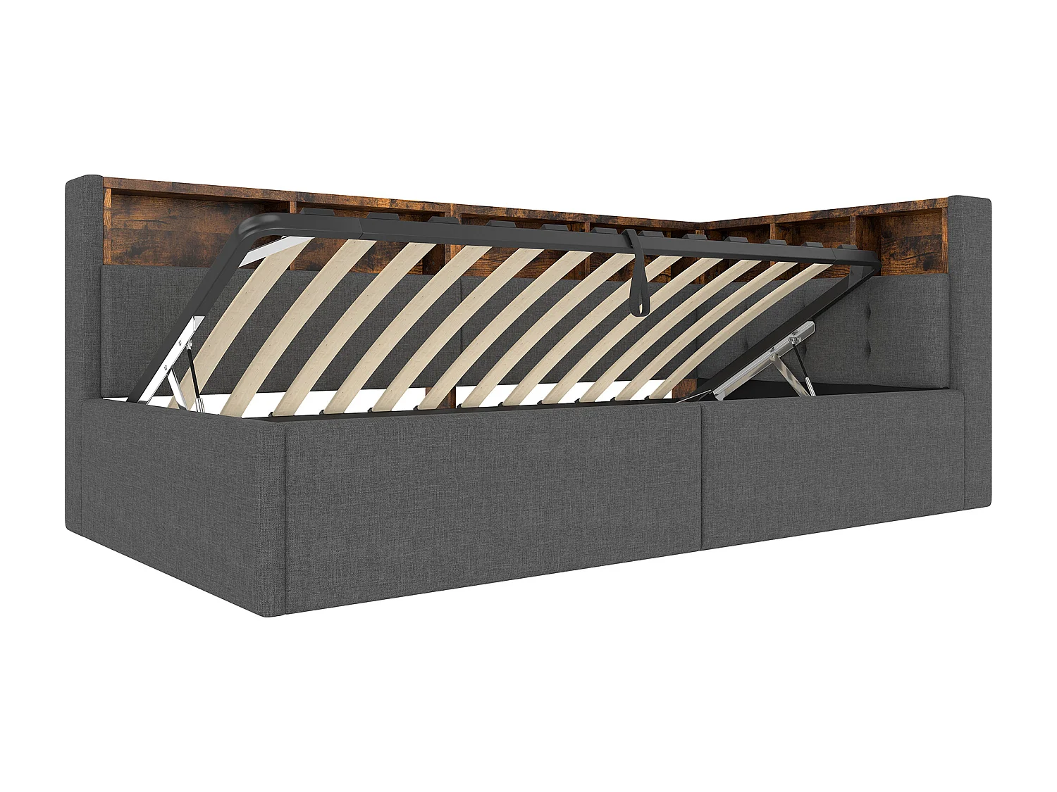 Lit banquette 90x200 cm, lit coffre avec lumière LED et USB, étagères de rangement - lin gris (sans matelas)