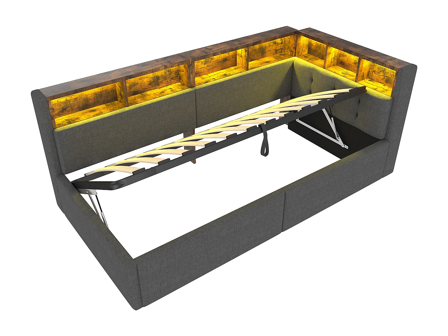 Lit banquette 90x200 cm, lit coffre avec lumière LED et USB, étagères de rangement - lin gris (sans matelas)