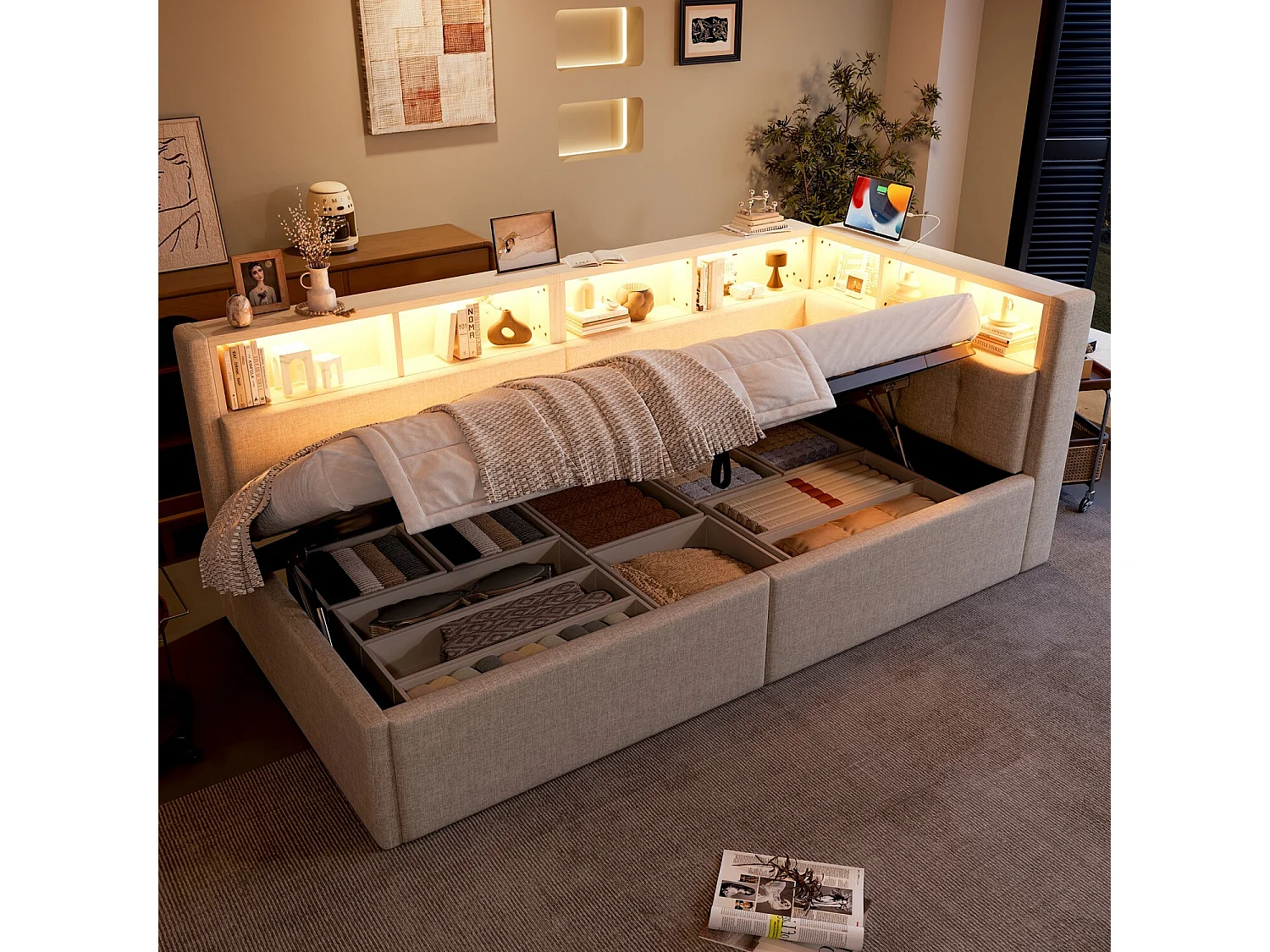 Lit banquette 90x200 cm, lit coffre avec lumière LED et USB, étagères de rangement - lin beige (sans matelas)