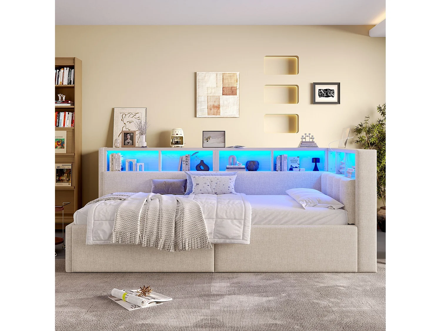 Lit banquette 90x200 cm, lit coffre avec lumière LED et USB, étagères de rangement - lin beige (sans matelas)
