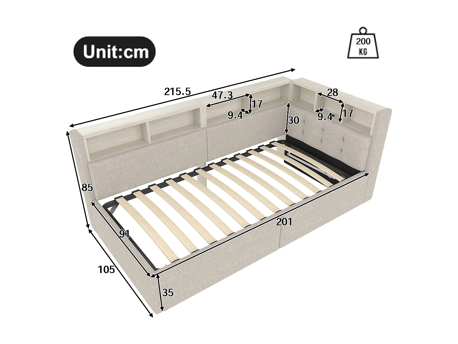 Lit banquette 90x200 cm, lit coffre avec lumière LED et USB, étagères de rangement - lin beige (sans matelas)