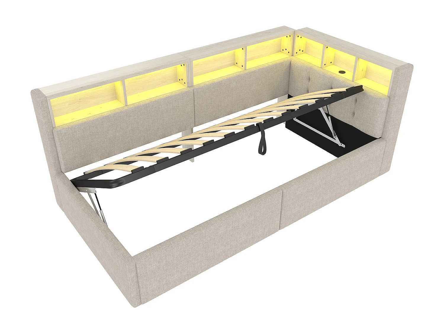 Lit banquette 90x200 cm, lit coffre avec lumière LED et USB, étagères de rangement - lin beige (sans matelas)