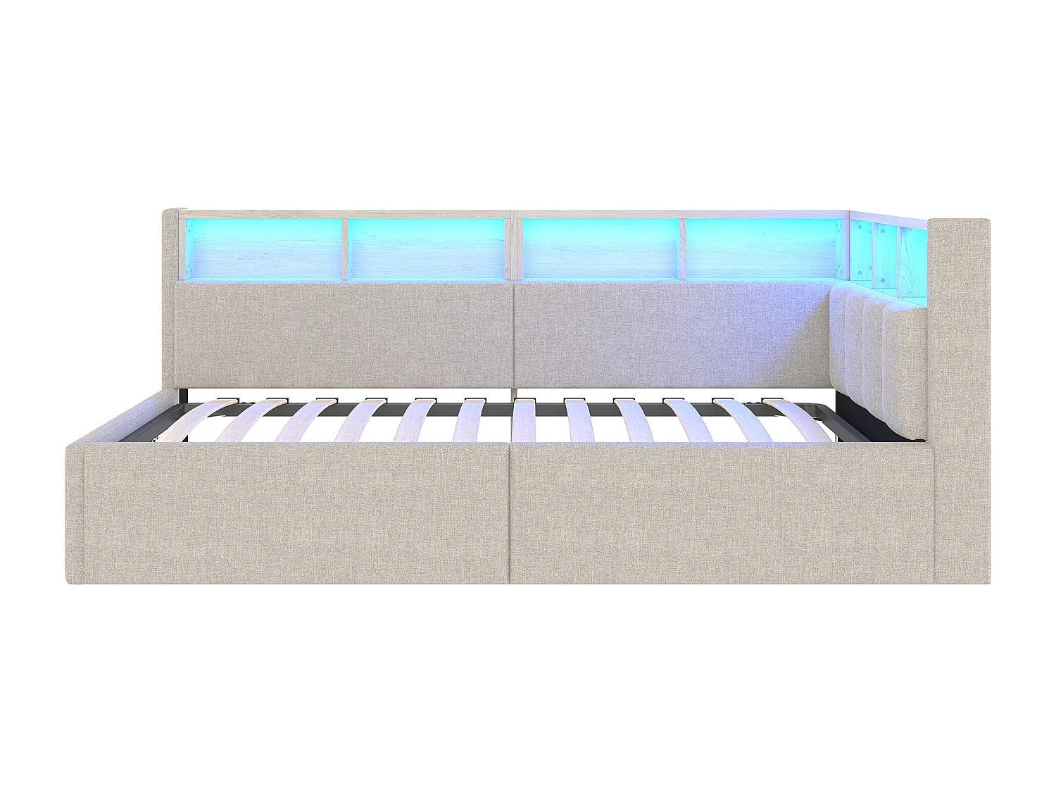 Lit banquette 90x200 cm, lit coffre avec lumière LED et USB, étagères de rangement - lin beige (sans matelas)