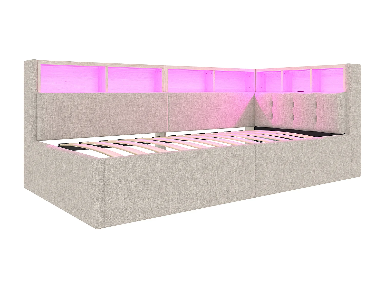Lit banquette 90x200 cm, lit coffre avec lumière LED et USB, étagères de rangement - lin beige (sans matelas)