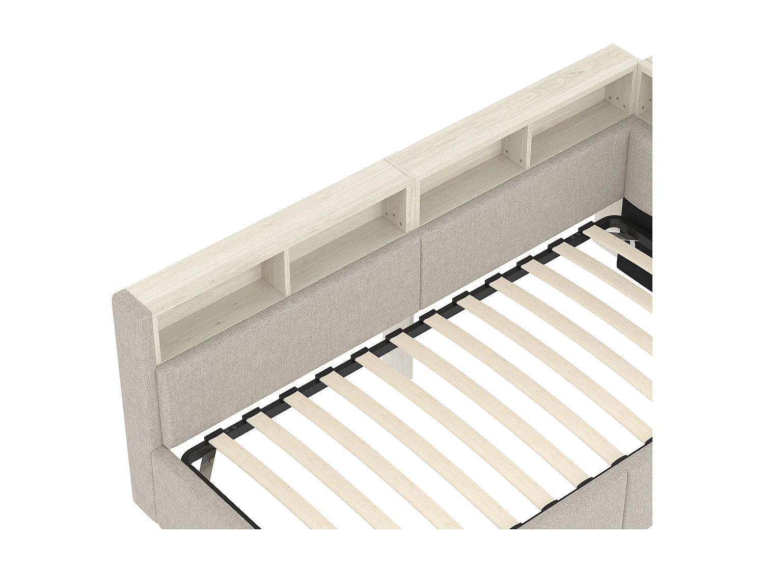 Lit banquette 90x200 cm, lit coffre avec lumière LED et USB, étagères de rangement - lin beige (sans matelas)