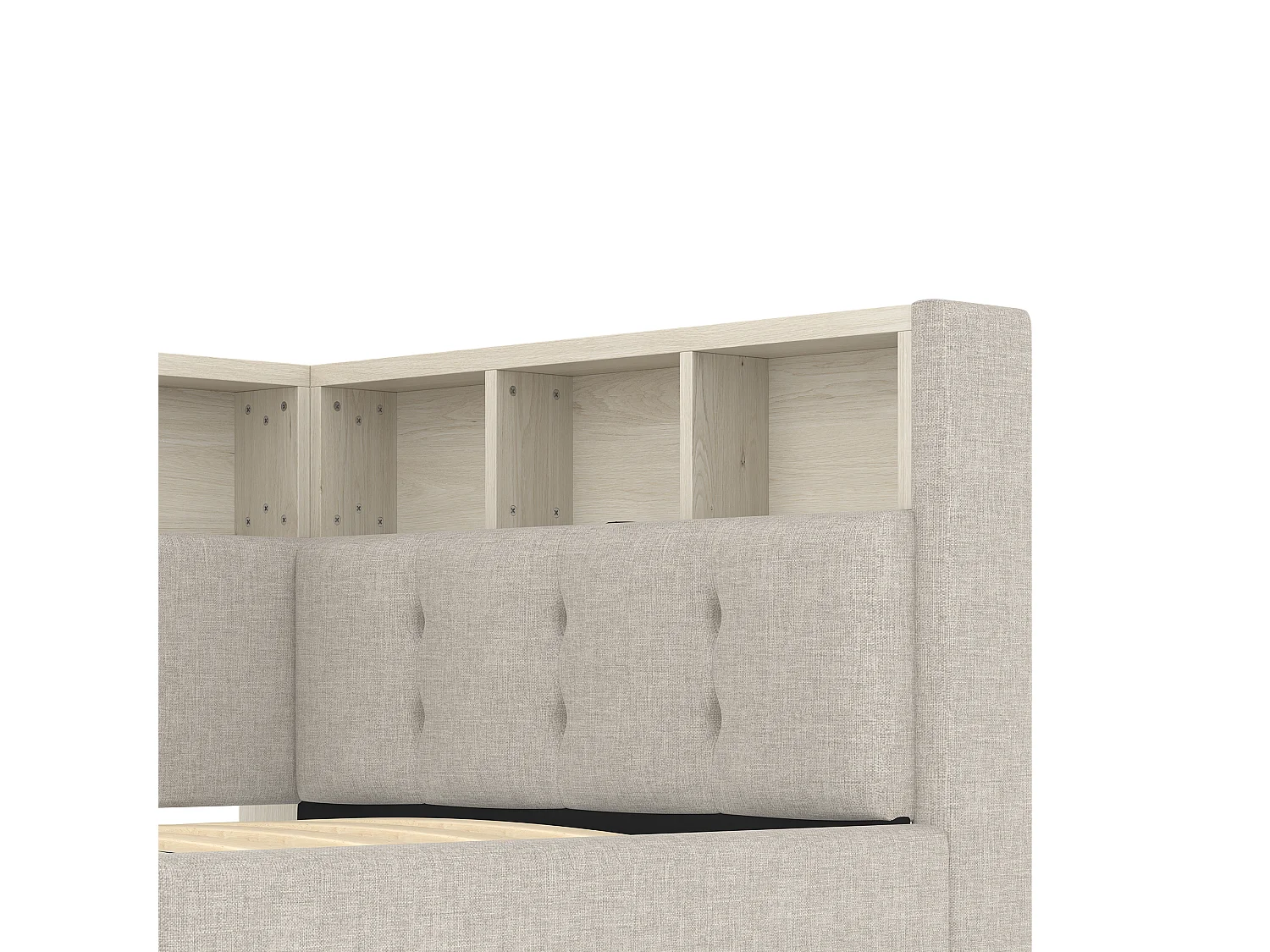 Lit banquette 90x200 cm, lit coffre avec lumière LED et USB, étagères de rangement - lin beige (sans matelas)