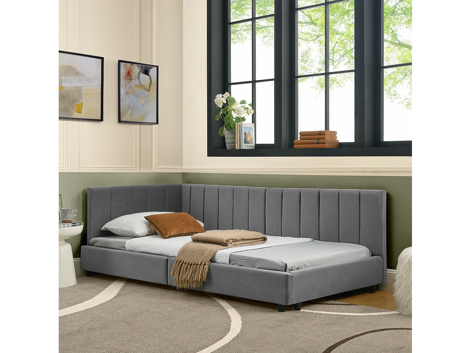 Cama de día 90x200 cm Cama infantil con respaldo y somier de madera - terciopelo gris (sin colchón)